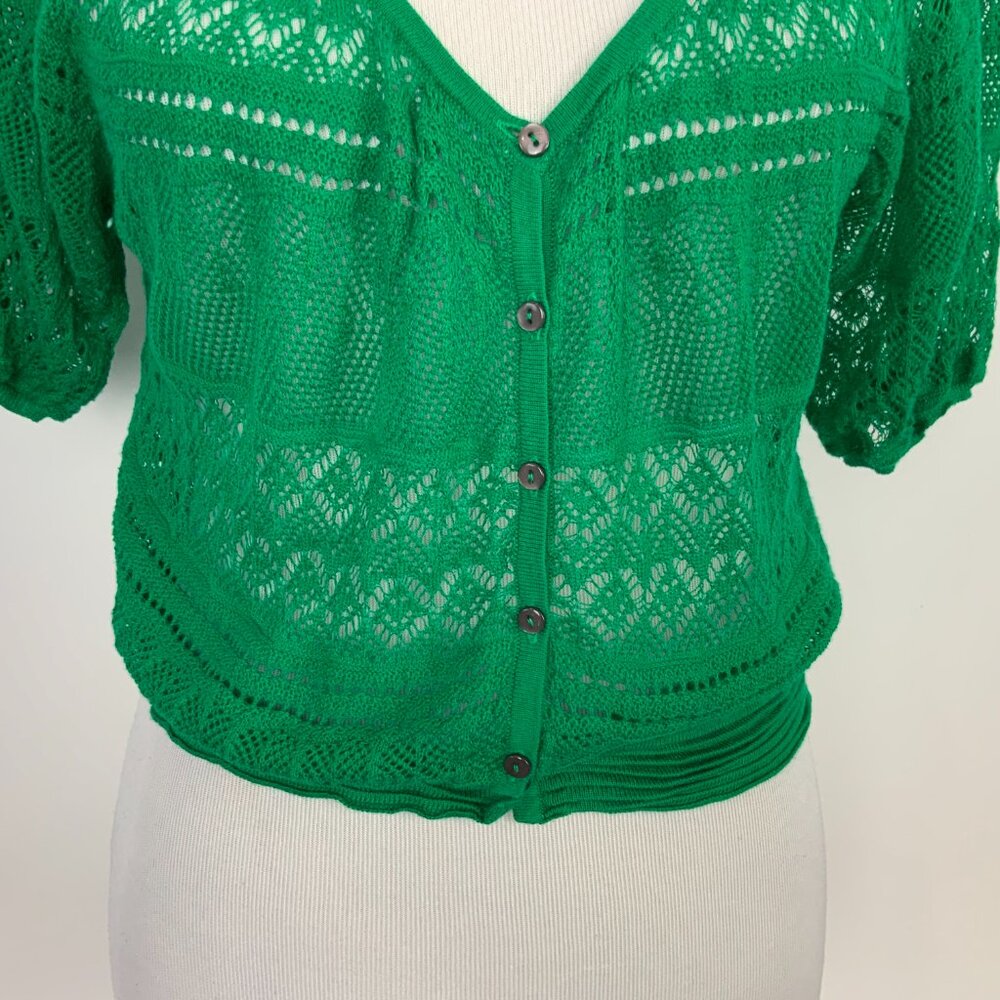 Free People Green Open Knit Short Sleeve Crop Top V-Neck Sz L - Picture 7 of 16